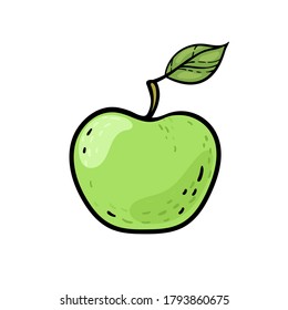 Vector illustration. Green apple with stem and leaf. Healthy vegetarian food. Cartoon comics style with contour. Decoration for greeting cards, posters, patches, prints for clothes, emblems.