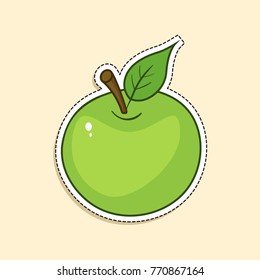 Vector illustration. Green apple with stem and leaf. Healthy vegetarian food. Cartoon sticker in comics style with contour. Decoration for greeting cards, posters, patches, prints for clothes, emblems