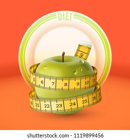 Ilustración vectorial de manzana verde con cinta dosificadora amarilla y plato blanco como concepto de dieta. La cinta del centímetro sastre se envuelve alrededor de una manzana fresca mojada