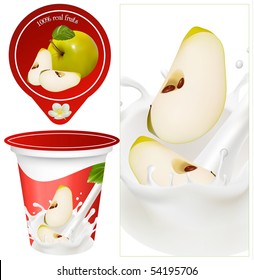 Vector illustration. Green apples falling into the milky splash. Packing yogurt.