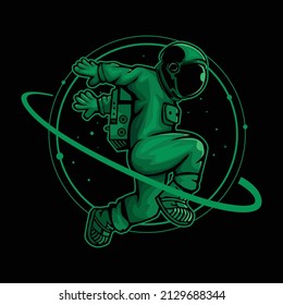 Vector illustration of green astronaut flying in space