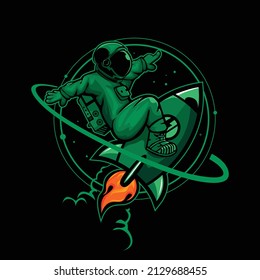 Ilustración vectorial del astronauta verde despegando en el espacio de un cohete