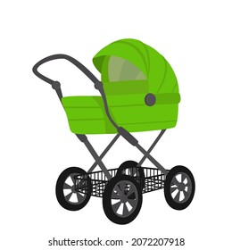 Vector illustration of a green baby perambulator isolated on a white background.