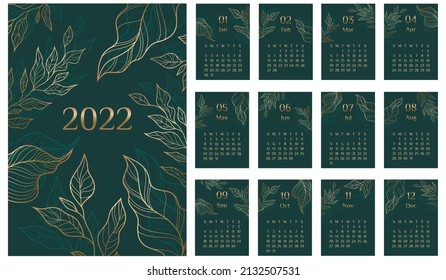 Vektorgrafik. Grüner Hintergrund Kalender 2022 Vorlage mit goldenen Naturelementen. Die Woche beginnt am Sonntag. Vorlage für den Kalender a4, bedruckbar mit goldenen Naturelementen auf Smaragdald 