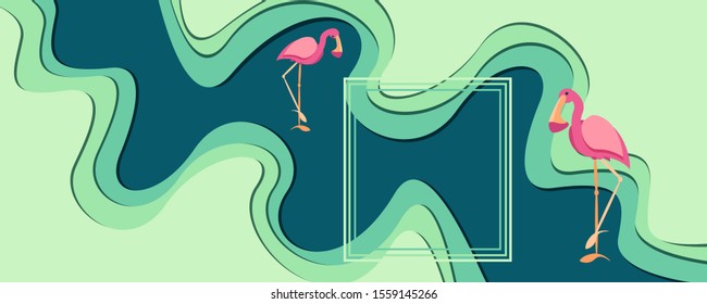 Vector illustration of green background with paper cut effect.  Decorated with pink flamingos on both sides of the frame.