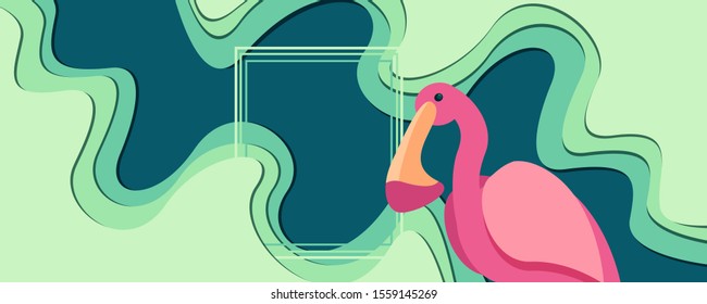 Vector illustration of green background with paper cut effect.  Also it depict a frame on the left and a pink flamingo on the right.