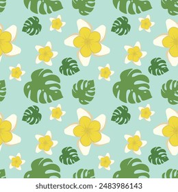 vector illustration, green background pattern, with white flowers and monstera leaves.  Summer theme.