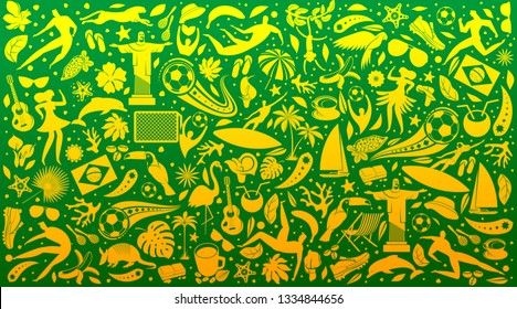 Vector illustration green background. World of Brasil pattern with modern and traditional elements. 2019 trend. Championship Conmeball Copa America 2019 in Brazil. Vector illustration in flat style.
