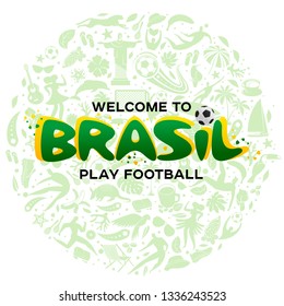 Fondo verde de la ilustración del vector. Patrón del mundo de Brasil con elementos modernos y tradicionales. Tendencia de 2019. Copa América 2019 en Brasil. Ilustración vectorial en estilo plano.