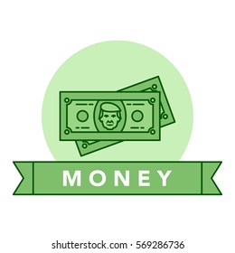 Vector illustration of the green banknote on white background with lettering. Money and financial institutions topic. 