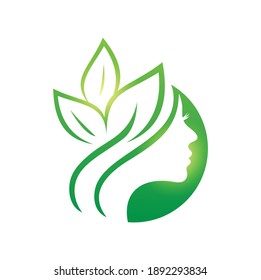 A Vector Illustration of Green Beauty and Leaf Logo Sign with green shade gradient color in white background with young woman silhouette face 