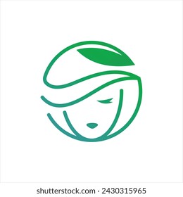 Una ilustración vectorial de la belleza verde y el signo del logotipo de la hoja con el color degradado de la sombra verde en el fondo blanco con la cara de la silueta de la mujer joven