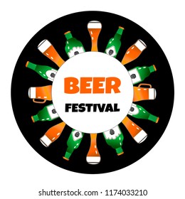 Vector illustration with green beer bottles and glasses on a black background and text "Beer fest"