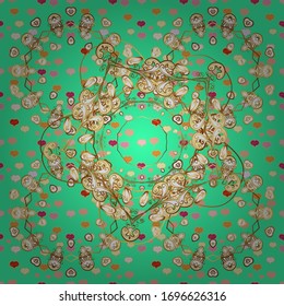 Vector illustration. Vector green and beige leafy background with hand drawn cute leaves, flowers, swirls, intricate beautiful ornaments. In vintage style. Foliage vintage cute seamless pattern.