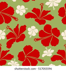 Vector illustration of green, beige and red hibiscus flowers. Seamless pattern with green, beige and red flowers. Vector illustration.