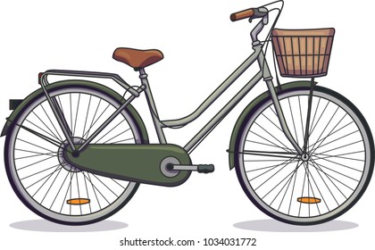 Vector illustration of a green bicycle. Bike with a basket.