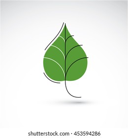 Vector illustration of green birch leaf isolated on white background. Simple drawn nature design element, graphic symbol made in ecology theme.