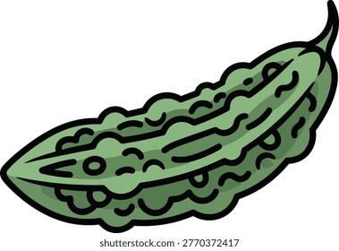 A vector illustration of a green bitter melon with a black outline, showcasing its unique bumpy texture and shape.