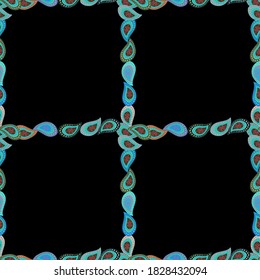 Vector illustration. Illustration in green, black and blue colors. Seamless pattern. Quadrate frames doodles.