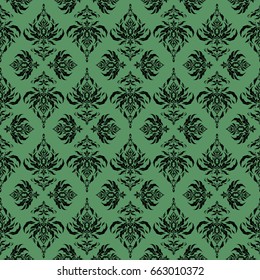 Vector illustration. In green and black colors. Ikat damask seamless pattern background tile.