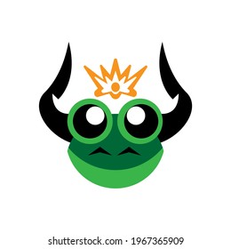 Vector illustration of a green black horned frog head with a gold crown on top, great for logos and animal icons, aquatic animal shops, animal medicine,