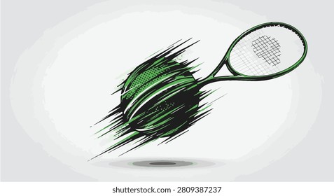 Vector illustration of a green and black squash ball in motion with a racquet, featuring stylistic speed lines and grunge textures on a light grey background for sports concepts.