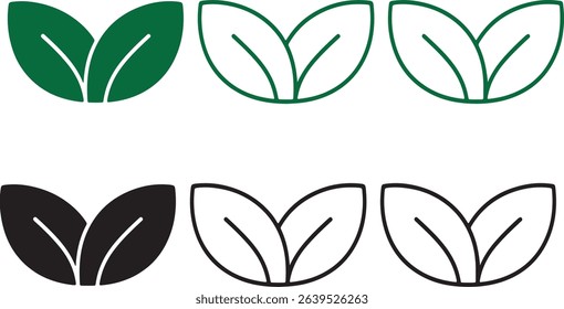 Vector illustration of green and black stylized leaves in various graphic design styles arranged on a white background