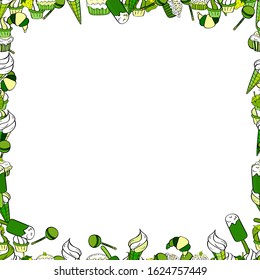 Vector illustration. Illustration in green, black and white colors. Seamless pattern.Hand drawn doodle frames.