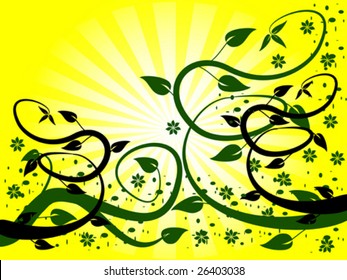 Ilustración vectorial con vid sinuosa verde y negro sobre fondo de explosión solar amarillo