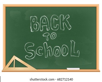 vector illustration of green blackboard in wooden frame. triangular ruler and chalk are on the shelf. handwritten back to school