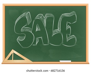 vector illustration of green blackboard in wooden frame. triangular ruler and chalk are on the shelf. the handwritten "sale"