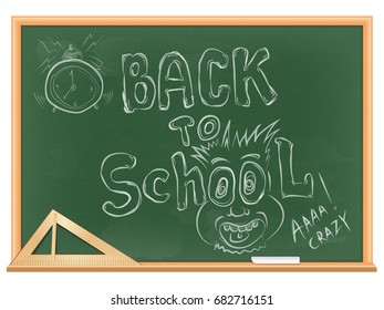 vector illustration of green blackboard in wooden frame. triangular ruler and chalk are on the shelf. handwritten: "back to school" mug and alarm clock