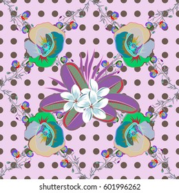 Vector illustration of green and blue flowers. Seamless pattern with flowers on motley background.