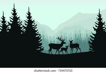 A vector illustration - green and blue landscape with silhouettes of deer family - doe, deer and little fawn with hills, forests with a lot of pine trees and mountains.