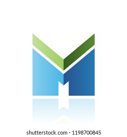 Vector Illustration of Green and Blue Letter M with a Thick Stripe and Reflection isolated on a White Background