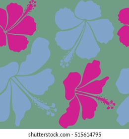 Vector illustration. Green, blue and magenta hibiscus flowers seamless pattern.