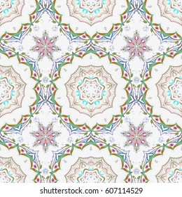 Vector illustration. Green and blue seamless pattern good for greeting card for birthday, invitation or banner. Decorative symmetry arabesque. Medieval royal pattern.