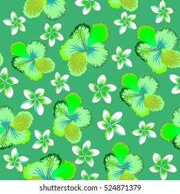 Vector illustration of green, blue and white hibiscus flowers. Seamless pattern with green, blue and white flowers. Vector illustration.