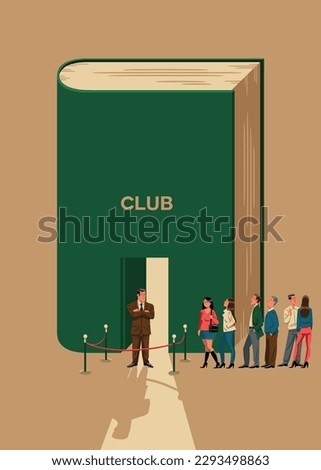 Vector illustration of a green book in vertical position with a title that says: Club. The book has a little open door and there's a line of people waiting to get in.