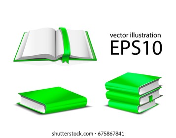 Vector Illustration of green books. Set of open and closed books
