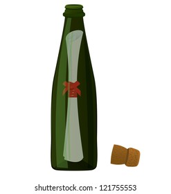 Vector illustration of green bottle with rolled paper massage inside