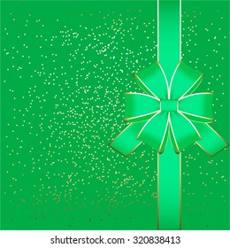 Vector illustration of Green bow on a background with golden sparkles.
