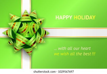 Vector illustration of green bow and white ribbons with gold stripes for packing gifts, isolated on green background. Happy holiday greeting card. Realistic 3d object. Element for design