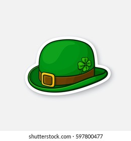 Vector illustration. Green bowler hat with buckle and clover. Saint Patrick's Day symbol. Sticker in cartoon style with contour. Decoration for greeting cards, patches, prints for clothes, badges