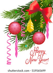 Vector Illustration. Green branch of fir with Christmas toys.