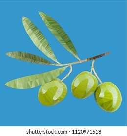 Vector illustration of a green branch of an olive tree with berries in a polygonal style