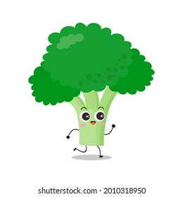 Vector illustration of green broccoli character with cute expression, funny, plant, tree, isolated on white background, vegetable for mascot collection, emoticon kawaii, happy, run, lovely