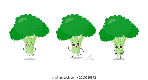 Vector illustration of green broccoli character with various cute expression, funny, plant, tree, isolated on white background, vegetable for mascot collection, emoticon kawaii, happy, adorable