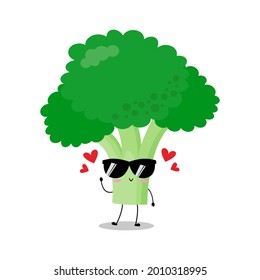 Ilustración vectorial del personaje de brócoli verde con expresión linda, graciosa, planta, árbol, aislado en fondo blanco, verdura para colección de mascotas, emoticono kawaii, gafas de sol encantadoras