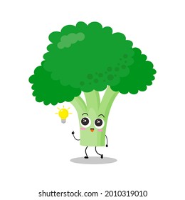 Vector illustration of green broccoli character with cute expression, funny, plant, tree, isolated on white background, vegetable for mascot collection, emoticon kawaii, smart, get an idea, lamp on
